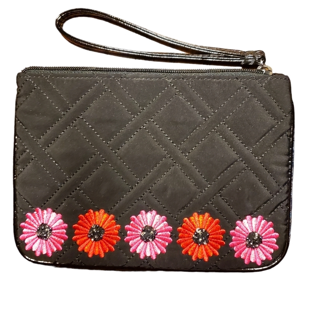 Vera Bradley 'Celebration' Embroidered Daisy Black Quilted Wristlet
